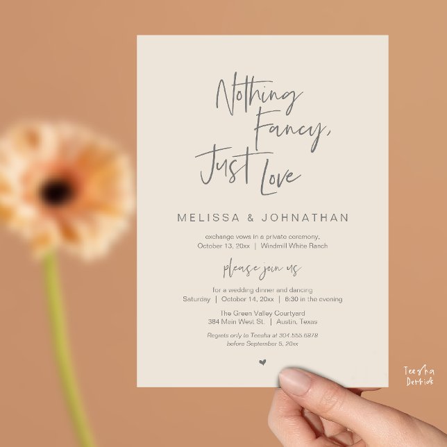 Nothing Fancy Just Love, Modern Wedding Dinner Invitation (Nothing Fancy Just Love, Modern Wedding Reception Dinner Lunch Brunch Invites Card in Cream Grey)