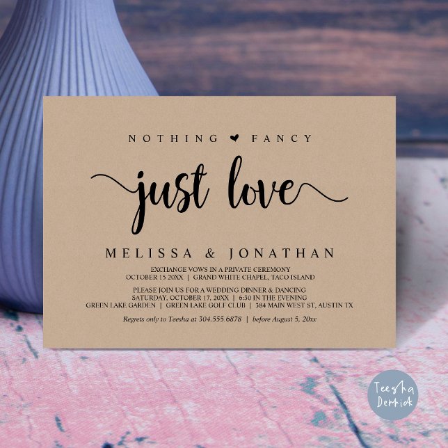 Nothing Fancy Just Love, Modern Wedding Elopement Invitation (Nothing Fancy Just Love, Modern Rustic Wedding Elopement Dinner Invitation Card, PDF, Brown Kraft)