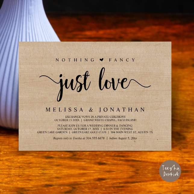 Nothing Fancy Just Love, Modern Wedding Elopement Invitation (Nothing Fancy Just Love, Modern Rustic Wedding Elopement Dinner Invitation Card, PDF, Wood Graphic)