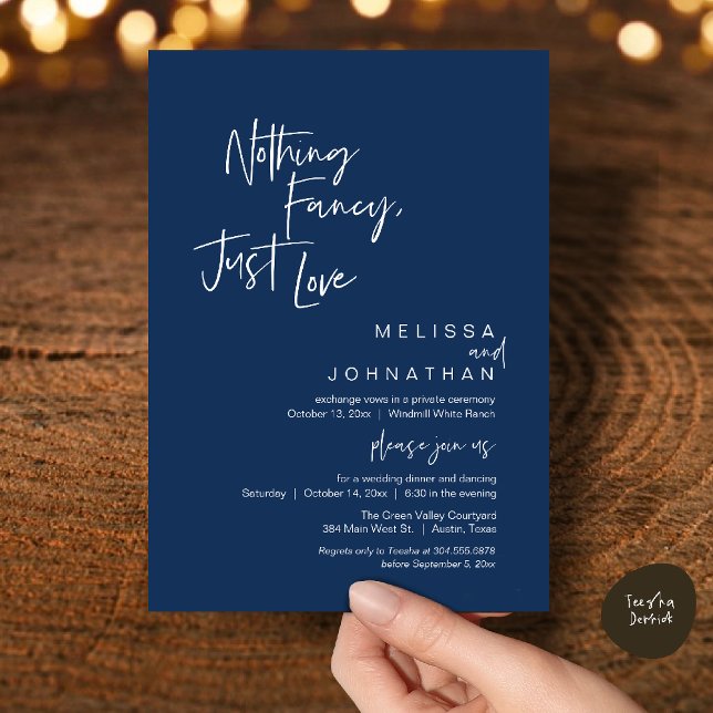Nothing Fancy Just Love, Modern Wedding Reception Invitation (Nothing Fancy Just Love, Modern Wedding Reception Dinner Lunch Brunch Invites Card Navy Blue)