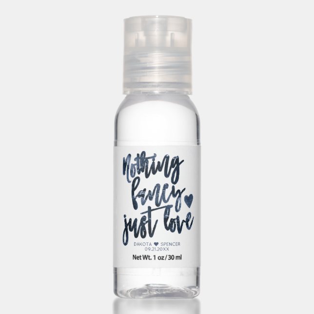 Nothing Fancy Just Love | Moody Navy Blue Wedding Hand Sanitizer (Front)
