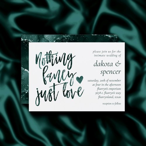 Nothing Fancy Just Love  Moody Teal Green Wedding Invitation