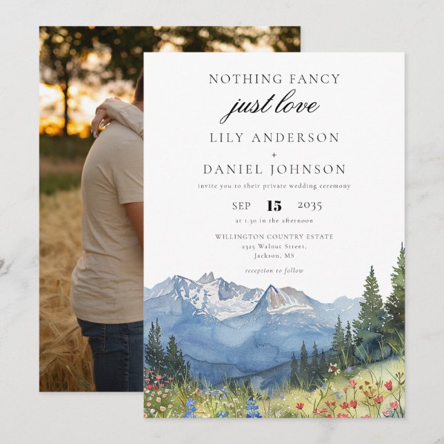 Nothing Fancy Just Love Mountain Photo Wedding Invitation (Front/Back)