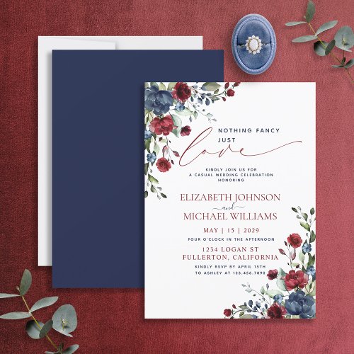 Nothing Fancy Just Love Navy Blue Burgundy Invitation