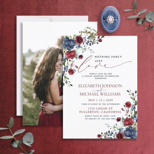 Nothing Fancy Just Love Navy Blue Burgundy Photo Invitation