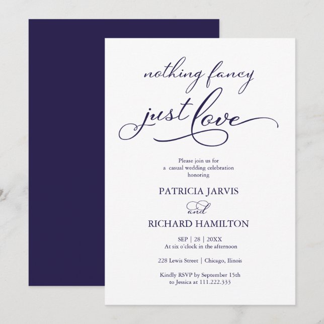Nothing Fancy Just Love Navy Blue Casual Wedding Invitation (Front/Back)