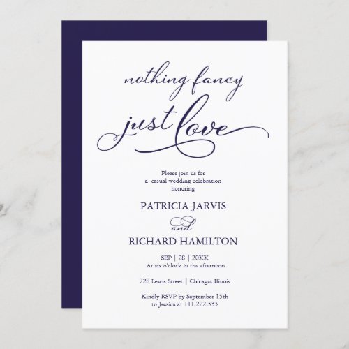 Nothing Fancy Just Love Navy Blue Casual Wedding Invitation