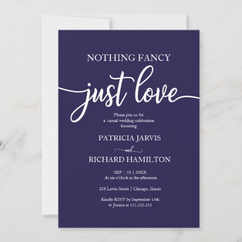 Nothing Fancy Just Love Navy Blue Casual Wedding Invitation
