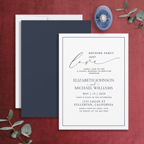Nothing Fancy Just Love Navy Blue Casual Wedding Invitation