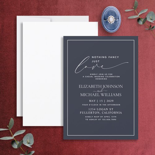 Nothing Fancy Just Love Navy Blue Casual Wedding Invitation