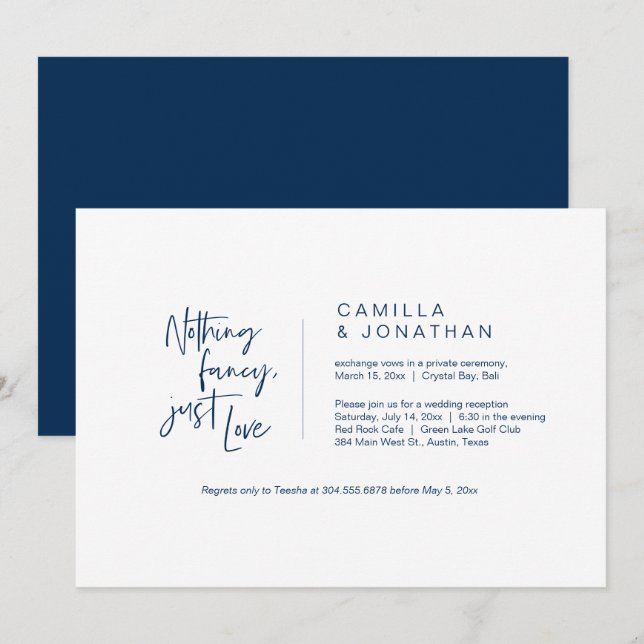 Nothing Fancy, Just Love, Navy Blue, Elopement Invitation (Front/Back)