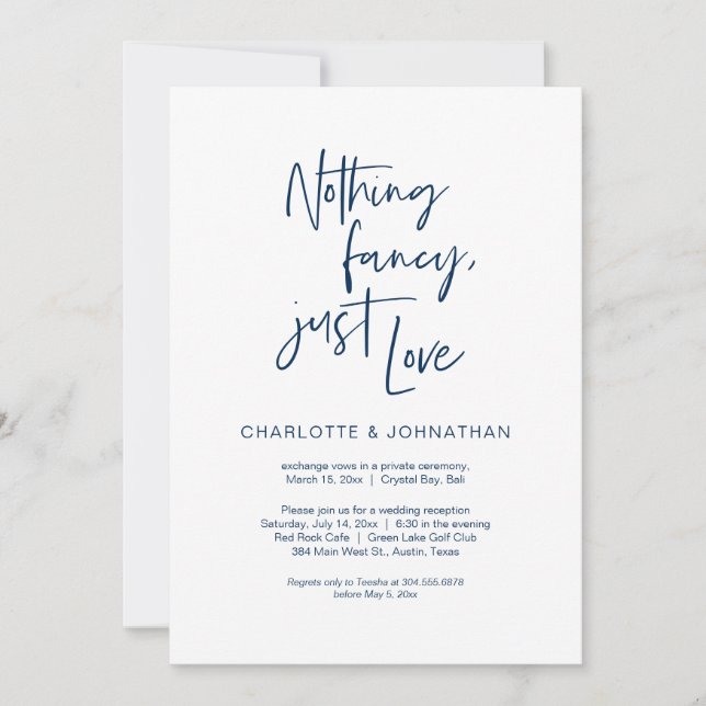 Nothing Fancy, Just Love, Navy Blue, Elopement Invitation (Front)