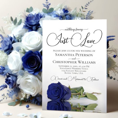 Nothing Fancy Just Love Navy Blue Rose Wedding Invitation