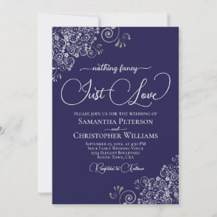 Nothing Fancy Just Love Navy Blue & Silver Wedding Invitation