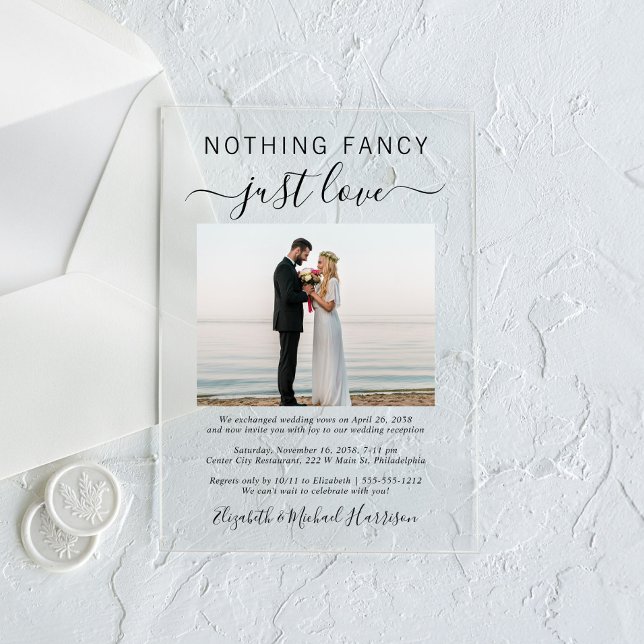 Nothing Fancy Just Love Photo Wedding Reception Acrylic Invitations (Make your wedding reception unforgettable with stunning acrylic invitations—modern, elegant, unique!)