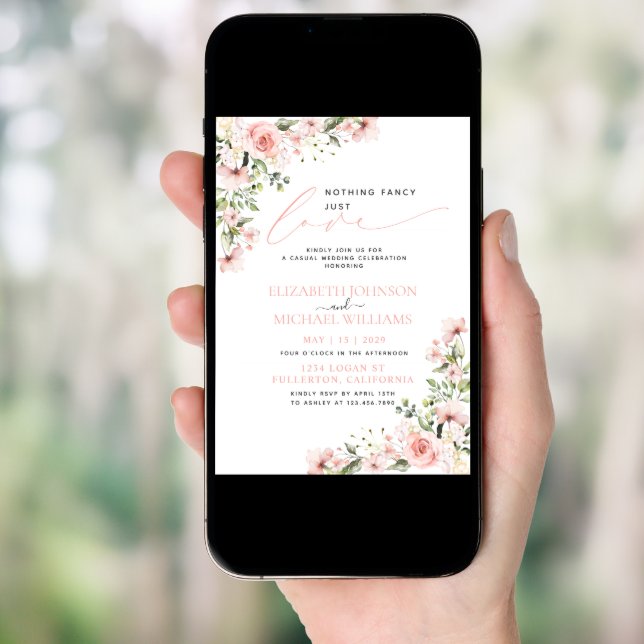 Nothing Fancy Just Love Pink Floral Photo Wedding Invitation (Front Digital)