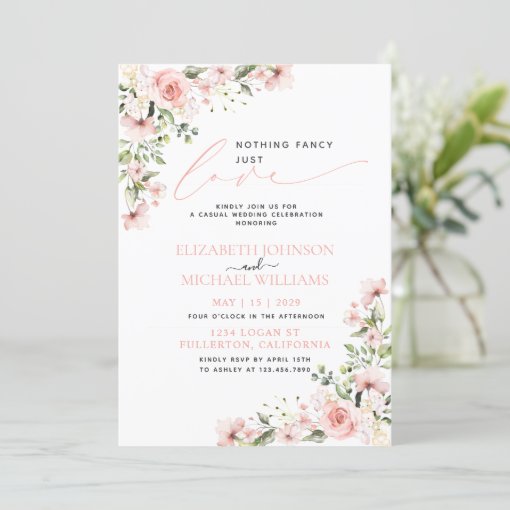 Nothing Fancy Just Love Pink Floral Photo Wedding Invitation | Zazzle