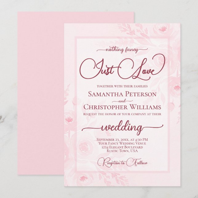 Nothing Fancy Just Love Pink Peonies Boho Wedding Invitation (Front/Back)