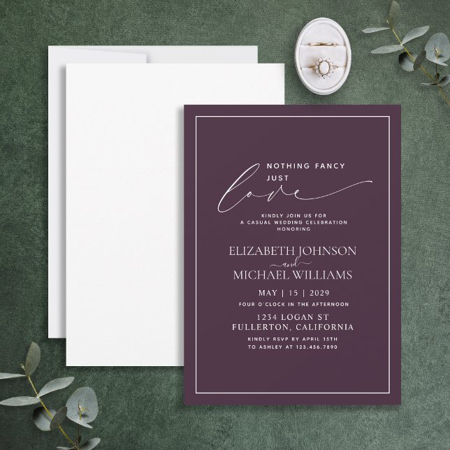 Nothing Fancy Just Love Plum Purple Casual Wedding Invitation