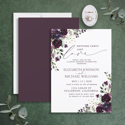 Nothing Fancy Just Love Plum Purple Casual Wedding Invitation