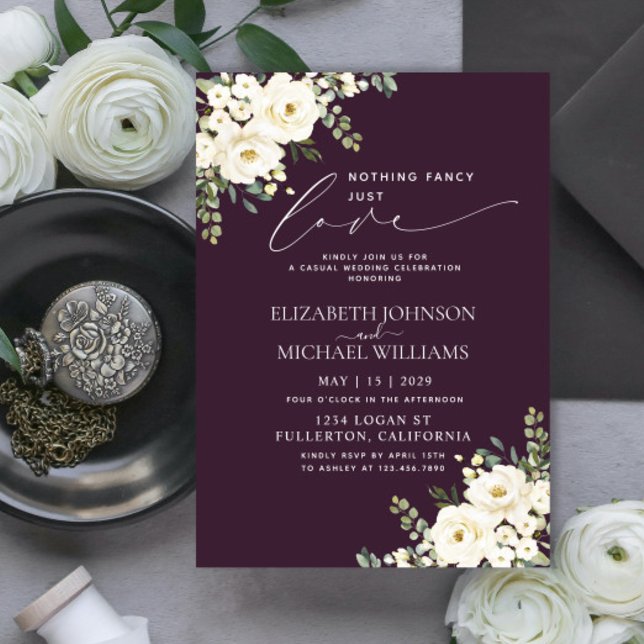 Nothing Fancy Just Love Plum Purple Floral Wedding Invitation (Creator Uploaded)