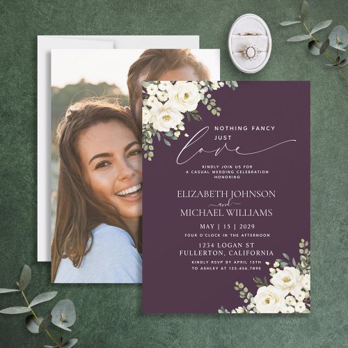 Nothing Fancy Just Love Plum Purple Photo Wedding Invitation