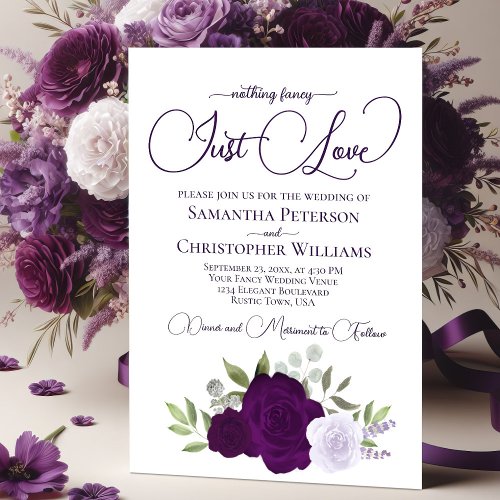 Nothing Fancy Just Love Purple Boho Roses Wedding Invitation