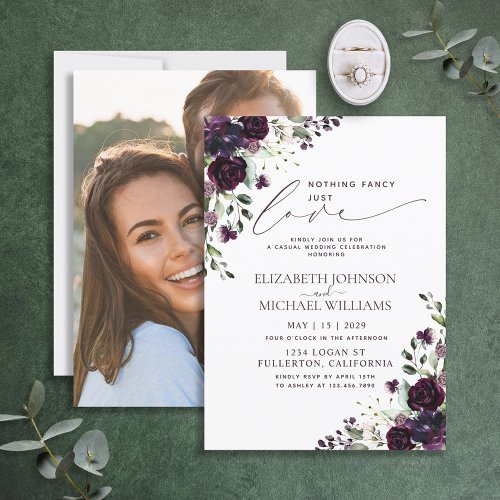 Nothing Fancy Just Love Purple Photo Wedding Invitation