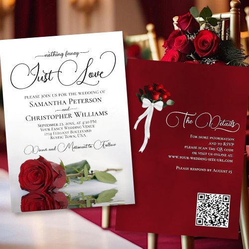 Nothing Fancy Just Love Red Rose QR Code Wedding Invitation