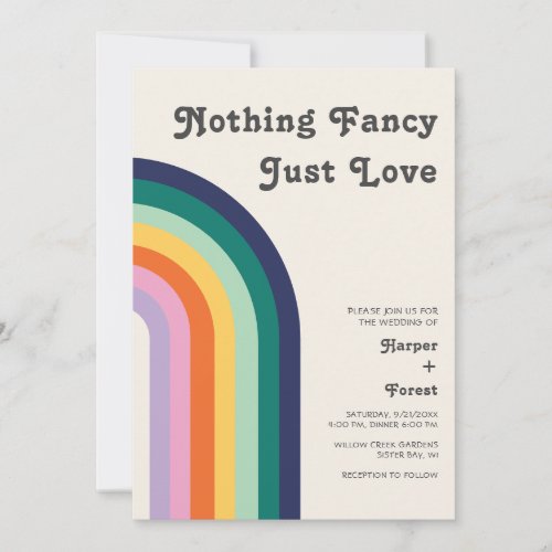 Nothing Fancy Just Love Retro 70s Rainbow Wedding Invitation