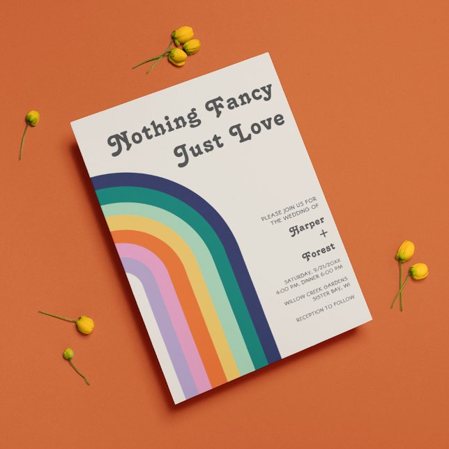 Nothing Fancy Just Love Retro 70s Rainbow Wedding Invitation (Creator Uploaded)