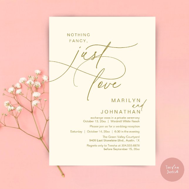 Nothing Fancy, Just Love, Romantic Wedding Dinner Invitation (Nothing Fancy, Just Love, Modern Romantic Wedding Reception Dinner Invitation Card in Yellow Gold)