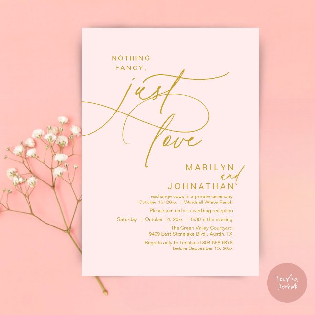 Nothing Fancy, Just Love, Romantic Wedding Dinner Invitation (Nothing Fancy, Just Love, Modern Romantic Wedding Reception Dinner Invites Card in Yellow Gold Blush)
