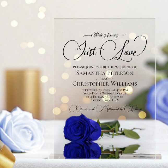 Nothing Fancy Just Love Royal Blue Rose Wedding Acrylic Invitations (Clear Acrylic with Rectangle Cut)