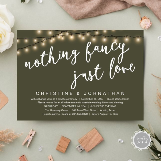 Nothing Fancy, Just Love Rustic Wedding Dinner Invitation (Nothing Fancy, Just Love Rustic Wedding Dinner Invitation Card PDF String Lights Olive Green)