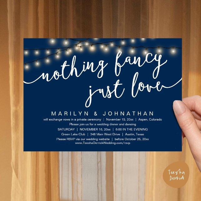 Nothing Fancy, Just Love, Rustic Wedding Dinner Invitation (Nothing Fancy, Just Love, Rustic Cottage String Lights, Wedding Dinner Invites Card, PDF, Navy Blue)