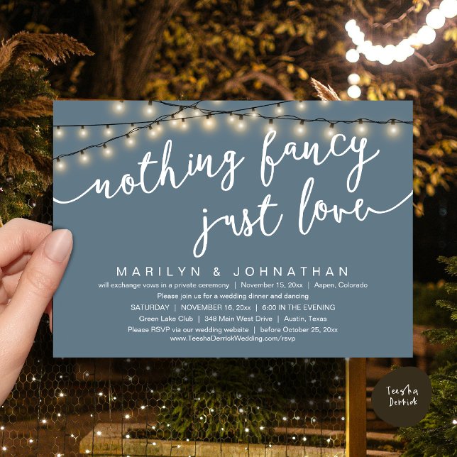 Nothing Fancy, Just Love, Rustic Wedding Dinner Invitation (Nothing Fancy, Just Love, Rustic Cottage String Lights, Wedding Dinner Invites Card, PDF, Dusty Blue)