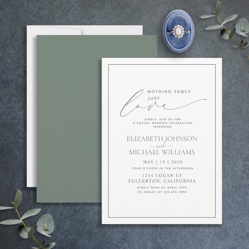 Nothing Fancy Just Love Sage Green Casual Wedding Invitation