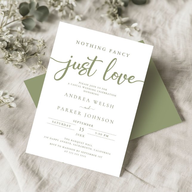Nothing Fancy Just Love Sage Green Casual Wedding Invitation (Creator Uploaded)