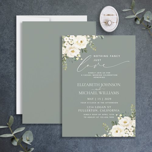 Nothing Fancy Just Love Sage Green Floral Wedding Invitation