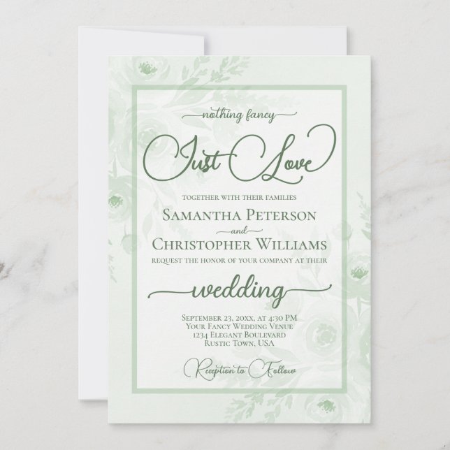 Nothing Fancy Just Love Sage Peonies Boho Wedding Invitation (Front)