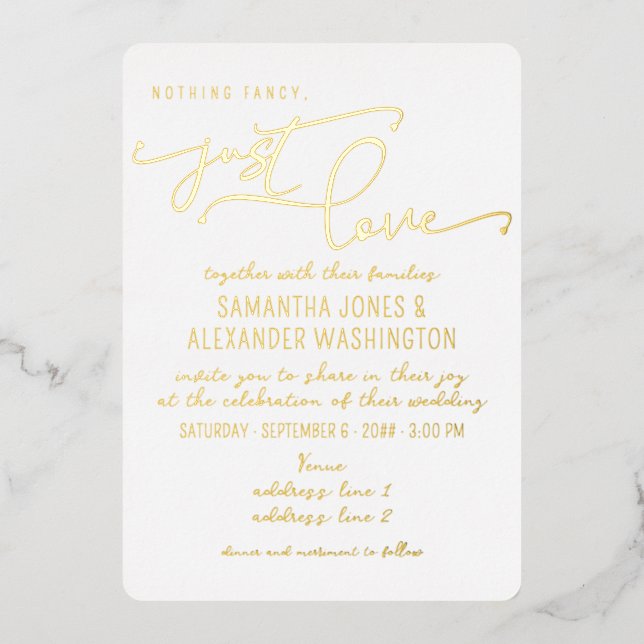 Nothing Fancy Just Love Shabby Chic White & Gold Foil Invitation (Front)