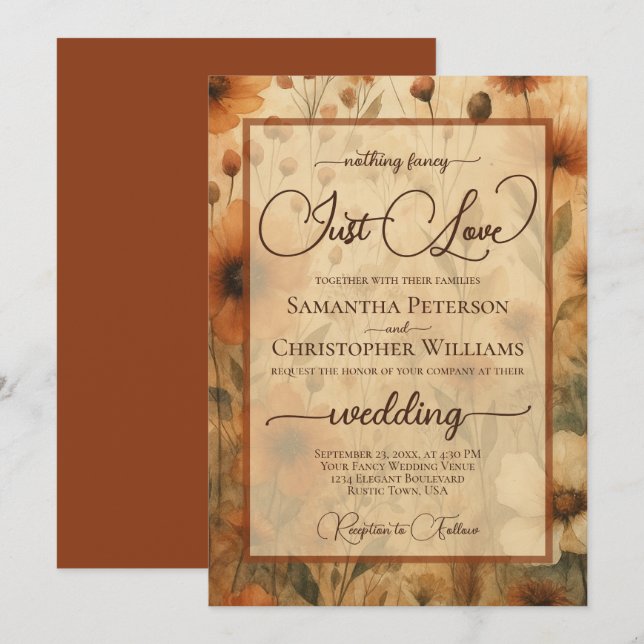 Nothing Fancy Just Love Sienna Boho Floral Wedding Invitation (Front/Back)