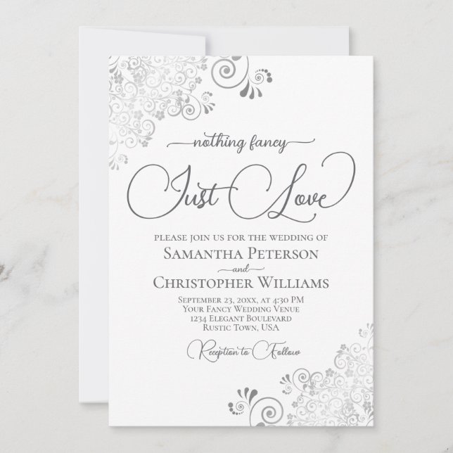 Nothing Fancy Just Love Silver & White Wedding Invitation (Front)