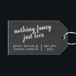 Nothing Fancy Just Love Simple Casual Chalkboard Gift Tags<br><div class="desc">Elements: Chalkboard texture with fun handwritten typohraphy Colors: black,  white and gray. Themes: fun,  casual,  minimalist,  clean,  simple,  vineyard,  winery,  spring,  summer,  fall,  winter . Collection: Nothing Fancy Just Love Simple Casual Chalkboard Wedding Collection Product Type: Favor Tags Rectangle</div>