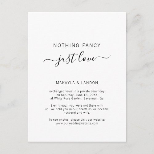 Nothing Fancy Just Love Simple Wedding Elopement Announcement Postcard