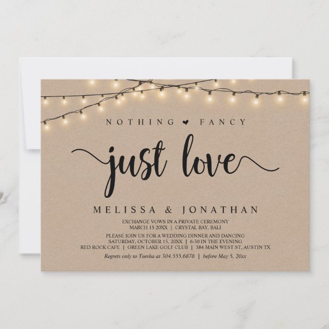 Nothing Fancy, Just Love, String Lights Elopement Invitation (Front)