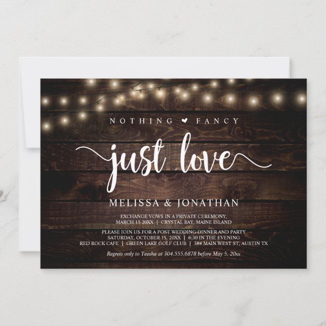 Nothing Fancy, Just Love, String Lights Elopement  Invitation (Front)