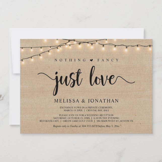Nothing Fancy, Just Love, String Lights Elopement Invitation (Front)