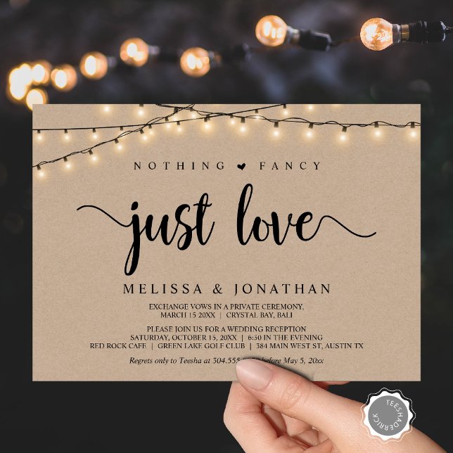 Nothing Fancy, Just Love, String Lights Elopement Invitation (Nothing Fancy, Just Love, Wedding Elopement Invitation Card, String Lights Brown Kraft, Downloadable)